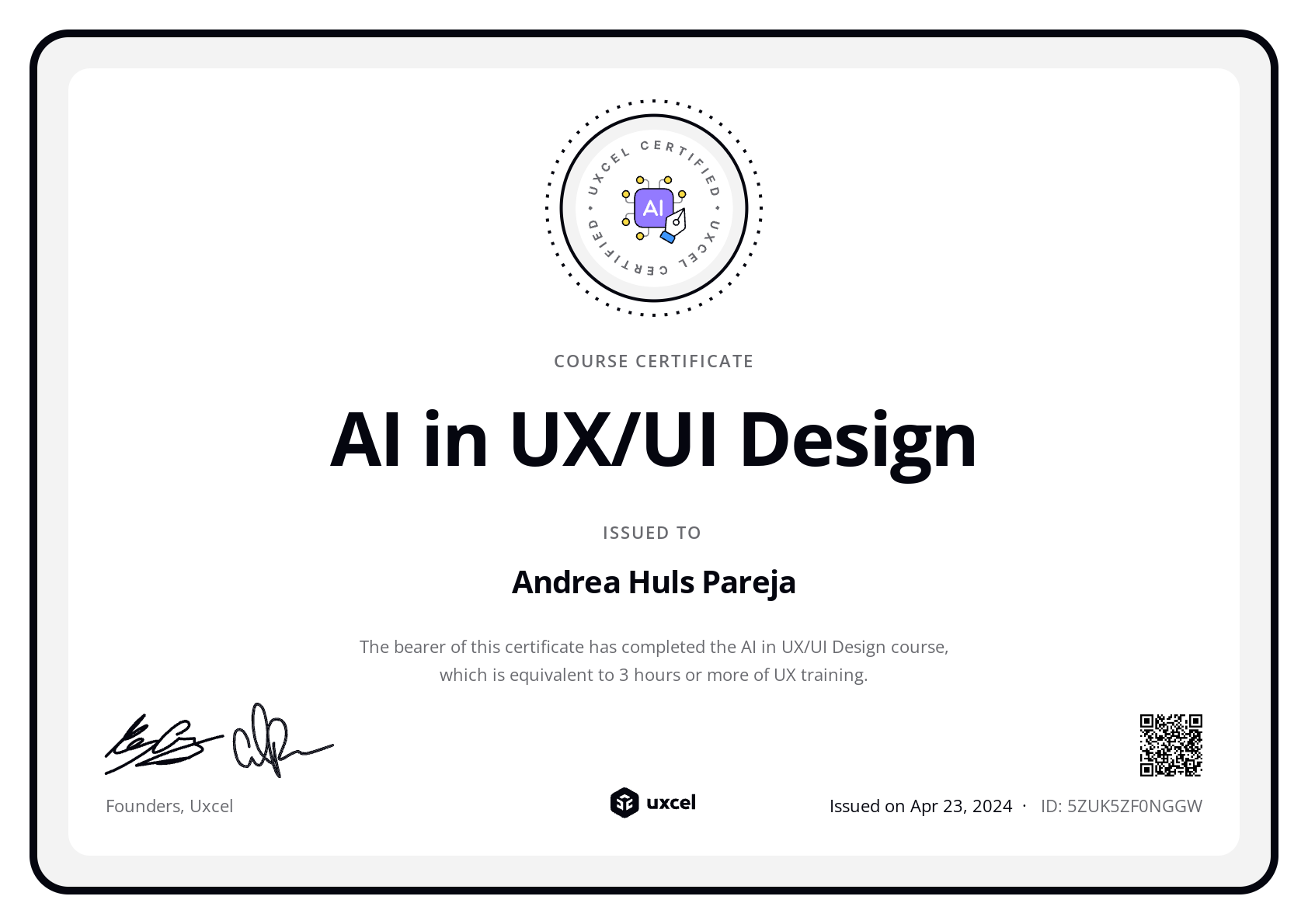 Andrea Huls Pareja's certificate